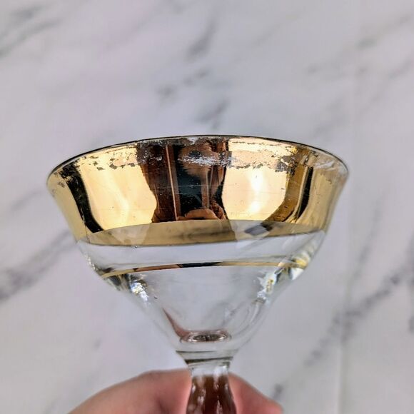 Vintage Aritzia Gold Rimmed Coupe Glasses Set of 2 FAIR CONDITION - Picture 5 of 7